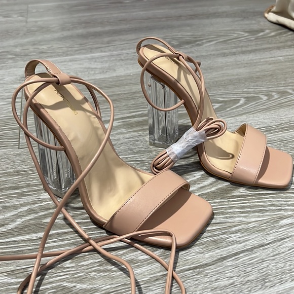 pretty little thing clear nude tie up sandal heel - Picture 2 of 2